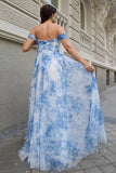 White Blue Flower A Line Off the Shoulder Ruched Corset Maxi Dress with Slit