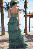 Eucalyptus A Line Bow Tie Straps Corset Tiered Long Bridesmaid Dress with Slit