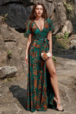 A Line V Neck Dark Green Burnout Velvet Floor Length Dress with Short Sleeves
