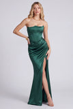 Dark Green Strapless Mermaid Corset Satin Formal Dress with Slit