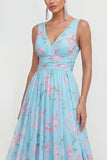 Floral A Line V Neck Sleeveless Blue Wedding Guest Dress