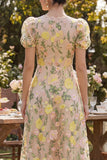 A Line Champagne V Neck Floral Wedding Guest Dress with Puff Sleeves