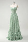 Green Floral A Line Cowl Neck Corset Long Bridesmaid Dress with Ruffle Slit