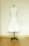Jewel Cap Sleeve Zipper Back Tea Length Satin Wedding Dress