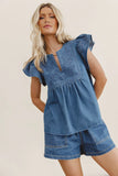 Quiney Embroidered Top in Denim FINAL SALE