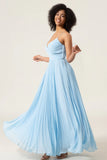 Sky Blue A Line Spaghetti Straps Pleated Chiffon Bridesmaid Dress
