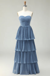 Dusty Blue A Line Strapless Pleated Tiered Long Bridesmaid Dress with Ruffles