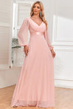 Blush A Line Chiffon V Neck Evening Dress with Long Sleeves