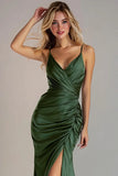Dark Green Mermaid Ruched Spaghetti Straps Formal Dress with Slit
