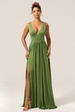 Olive A Line Deep V neck Spandex Floor Length Bridesmaid Dress with Slit