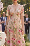 Floral Blush A Line V Neck Midi Wedding Guest Dress with Short Sleeves