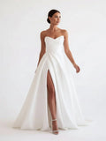 A Line White Sleeveless Satin Wedding Dress With Side Slit