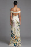 Off the Shoulder Mermaid Cut Out Ivory Printed Formal Dress