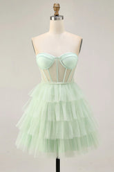 Light Green A Line Strapless Sheer Corset Tiered Short Homecoming Dress
