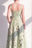 Printed Floral A Line Square Neck Sage Green Bridesmaid Dress with Pockets