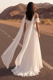 Off the Shoulder Ivory A Line Ruffled High Low Wedding Dress with Sash