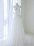 A Line V Neck White Tulle Long Wedding Dress with Bow