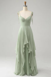 Elegant Matcha A Line High Low Hem Chiffon Long Bridesmaid Dress with Ruffles