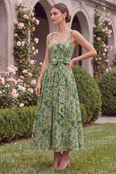 Sage Flower A Line Square Neck Wedding Guest Dress with Bow