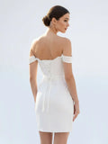 Off the Shoulder Short Satin Cowl Neck Simple Formal Wedding Dress With Slit