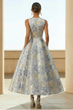 Dusty Blue A Line Floral Wedding Guest Dress with Pockets