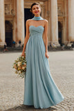 Sweetheart A Line Dusty Blue Pleated Long Bridesmaid Dress