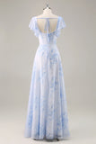Blue Flower A Line Square Neck Long Bridesmaid Dress with Slit