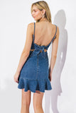FIRST TO KNOW RUFFLE HEM TIE BACK DENIM MINI DRESS