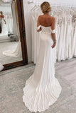 Simple White Long Boho Mermaid Wedding Dress with Slit