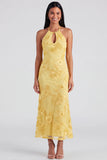 Halter Yellow Keyhole Mermaid Wedding Guest Dress with Appliques