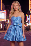 Strapless Blue A Line Short Homecoming Dress with Bow