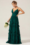 Dark Green A Line Spaghetti Straps Tiered Pleated Long Bridesmaid Dress