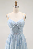 Blue Flower A Line Corset Ruffled Chiffon Long Bridesmaid Dress with Slit