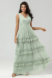 Dusty Sage A Line V Neck Long Knitted Chiffon Bridesmaid Dress With Ruffles