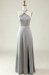 Grey A Line Halter Backless Bright Satin Bridesmaid Dress with Slit