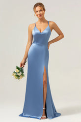 Mermaid Spaghetti Straps Long Satin Blue Bridesmaid Dress with Slit