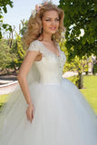 Ball Gown V Neck Ruched Cap Sleeve Tulle Wedding Dress
