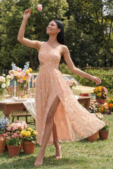 One Shoulder Floral Cut Out Light Orange Wedding Guest Dress