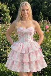 Strapless Floral A Line Sequin Corset Pink Homecoming Dress