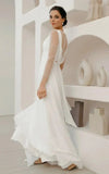 A Line Chiffon Maxi Wedding Dress Minimalist Sleeved Pearl Button Low Back Bridal Gown