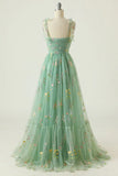 Grey Blue A Line Spaghetti Straps Tulle Floral Long Prom Dress With Embroidery