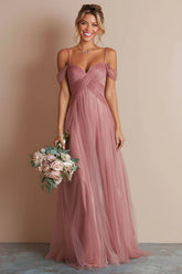 Dusty Rose Cold Shoulder A Line Chiffon Bridesmaid Dress