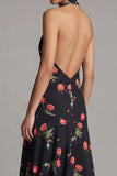 Halter Printed A Line Backless Black Wedding Guest Dress