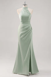 Sage Green Sheath Halter Ruched Satin Long Bridesmaid Dress with Slit