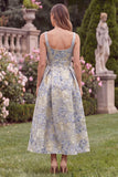Light Blue A Line Floral Bow Jacquard Square Neck Wedding Guest Dress with Pockets