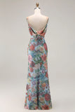 Multi Flower Sheath Spaghetti Straps Open Back Long Floral Dress with Slit