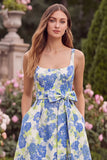 Blue Floral A Line Square Neck Midi Wedding Guest Dress with Bow
