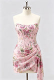 Strapless Pink Bodycon Corset Floral Sequin Homecoming Dress with Sash
