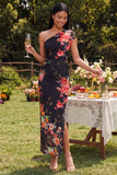 Black One Shoulder Sheath Floral Wedding Guest Dress with Slit