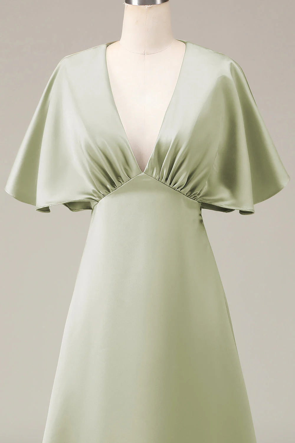 Dusty Sage A Line V Neck Satin Bridesmaid Dress With Short Sleeves